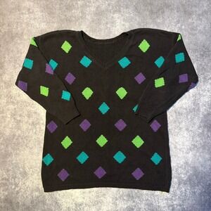 Vintage Womens Black Diamond Pattern Ugly V Neck Sweater Long Sleeve‎ XL